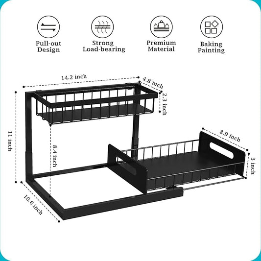 REALINN Under Sink Organizer, L-Shaped 2 Tier Pull Out Cabinet Organizer for Kitchen and Bathroom, Slide Out Under Cabinet Storage, Metal Under Sink Storage with Sliding Drawer, 50 lbs, Black 2 Pack