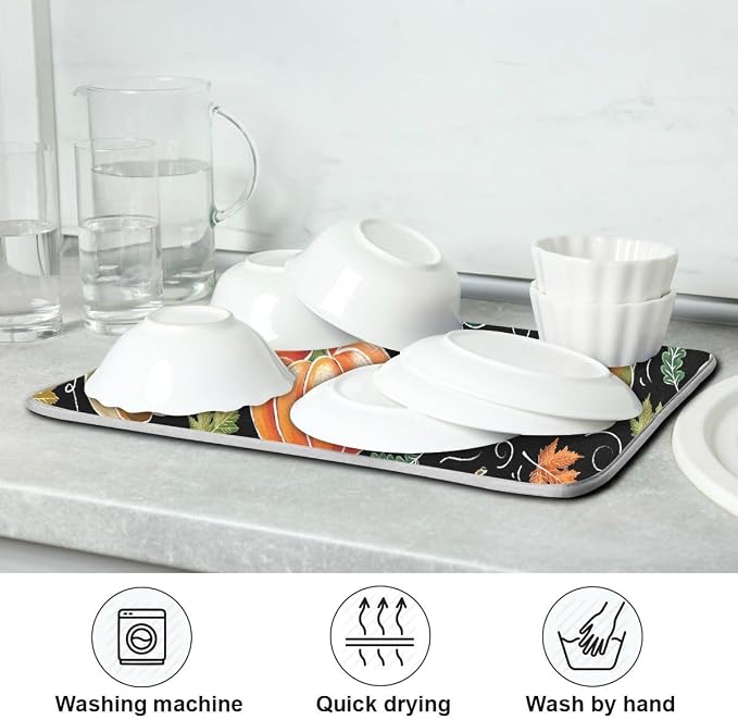 Fall Pumpkin Dish Drying Mat for Kitchen Maple Leaves Black Microfiber Drying Mats Absorbent Reversible Dish Pad Medium Dish Draining Mat 16x18 inch