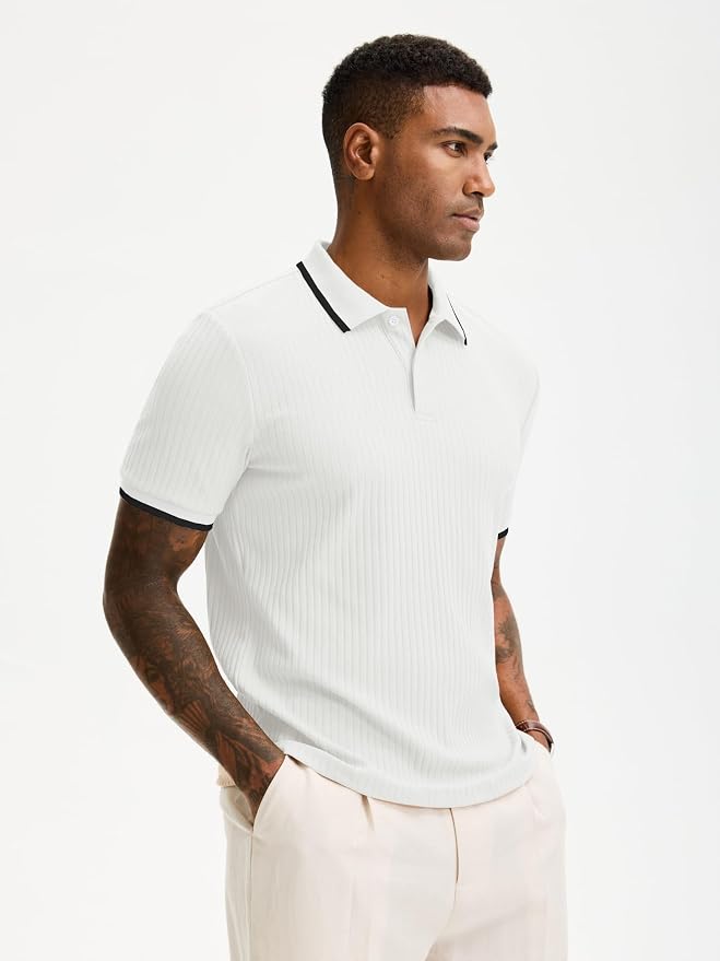 Comdecevis Men's Regular Fit Short Sleeve Knit Polo Shirts | Business casual, lightweight, breathable, stretch textured fabric, moisture wicking, easy care