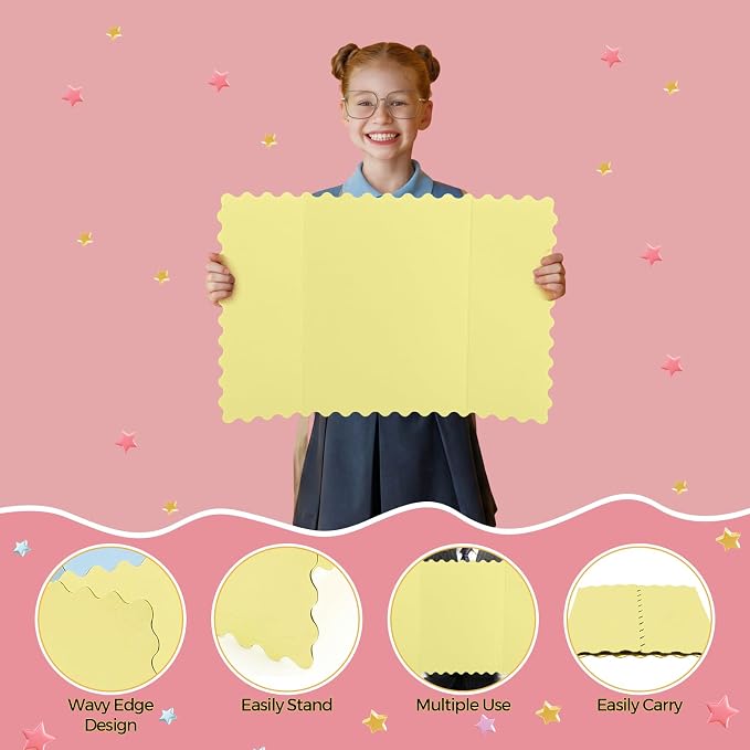 Mooliwe 4 Pack 26" x 17" Trifold Poster Board Macaron Color Corrugated Scalloped 3 Fold Small Display Boards Foldable Business Paper Board for Presentation Science Fairs Event School Projects