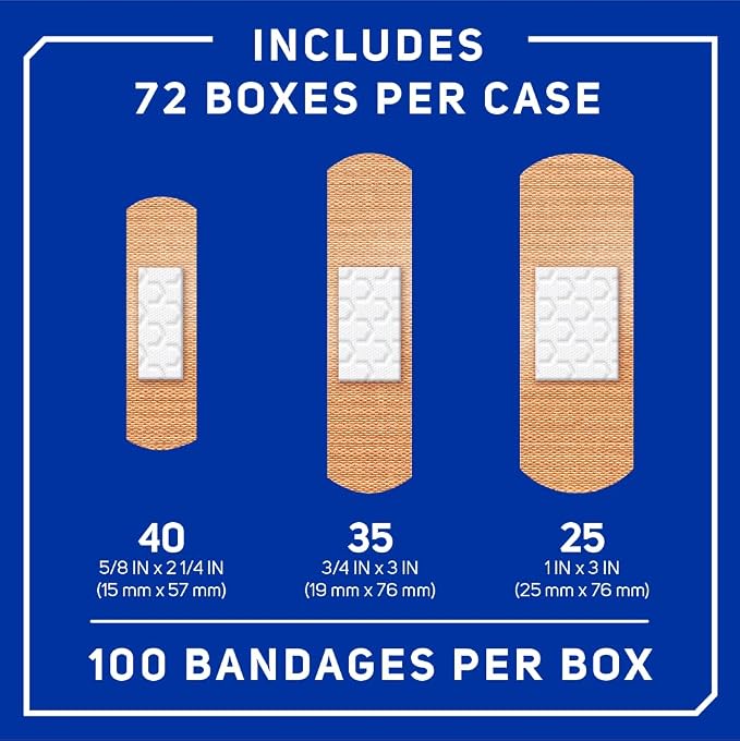 Care Science Antibacterial Fabric Bandages, Asst. Sizes, 100ct (Pack of 72) | Flexible + Breathable Protection for First Aid and Wound Care.