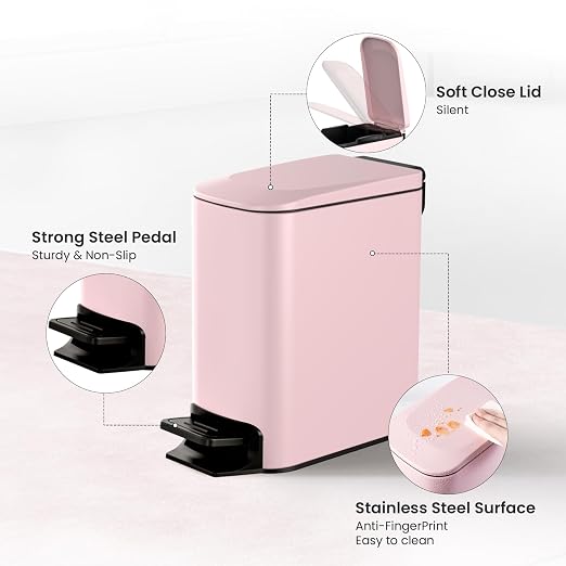 Cesun Small Bathroom Trash Can with Lid Soft Close, Step Pedal, 6 Liter / 1.6 Gallon Stainless Steel Garbage Can with Removable Inner Bucket, Anti-Fingerprint Finish (Pink)