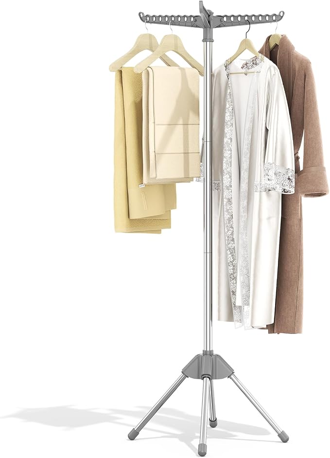 KINGBOARD Clothes Drying Rack, 59" H Laundry Drying Rack, 3 Rotatable Arms | 360° Rotatable Arms, 27 Hanger Holes, Stainless Steel, Tool-Free Setup, Portable for Travel & Small Home, Indoor, 27lbs Hold