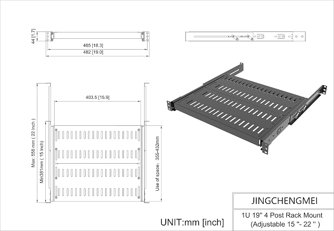 1U 4-Post Vented Sliding Rack Shelf Mounting Depth 15“-22" | Rack Mount Shelf 14-17" Deep with Adjustable Mounting Depth 15-22" for 19 inch AV/Network Equipment Rack,Unassembled (15-22)