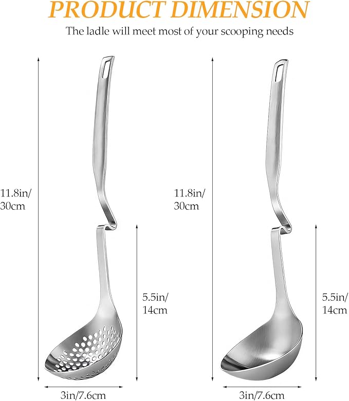 2 Pcs 12 Inch Stainless Steel Hot Pot Slotted Ladle Set, Soup Ladle Strainer Scoops Cooking Skimmer Utensil For Hotpot Scooping Sauce Serving