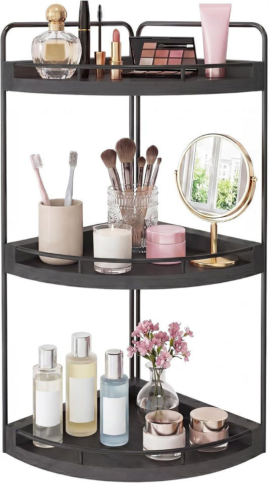 Fixwal Corner Bathroom Counter Organizer, 3 Tier Rustic Bathroom Organizer, Wood Countertop Storage Tray for Vanity, Kitchen, Bedroom (Black)