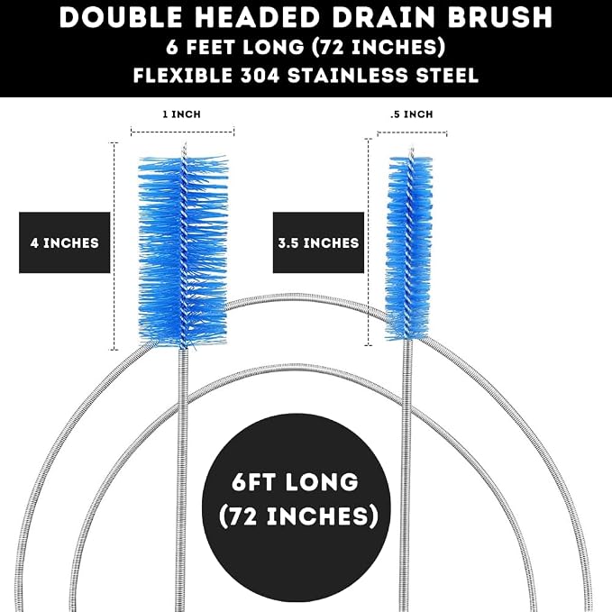 72" Flexible Pipe Cleaning Brush - Heavy Duty Auger Tool Blue | Heavy duty cleaning brush for bathroom sink, bathtub, shower, kitchen sink drains, bottles, elastic hose pipe cleaner