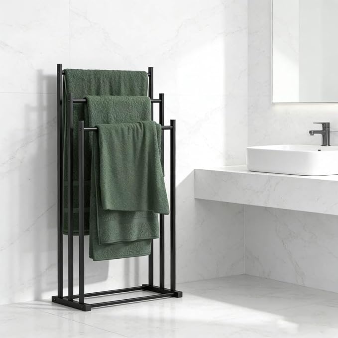3-Tier Metal Towel Rail, Freestanding Towel Holder, Floor Standing Design, Black for Bathroom, Clothes Airer & Bathroom Accessories, Modern and Stable for Bedroom, Bathroom (Black)