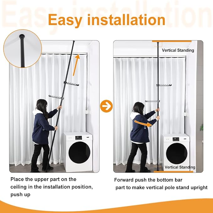 Hershii Garment Clothes Rack Coat Tree Clothing Drying Hanging Holder Organizer Standing Adjustable Laundry Pole Tension Rod Floor to Ceiling Indoor Corner Storage Shelf 6 Tiers - Black