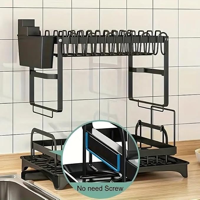 2 Tier Dish Drying Rack Stainless Steel with Auto Drainboard 360° Swivel Spout Large Capacity Kitchen Counter Organizer with Utensil Holder Cup Rack Knife Block Space Saving Black