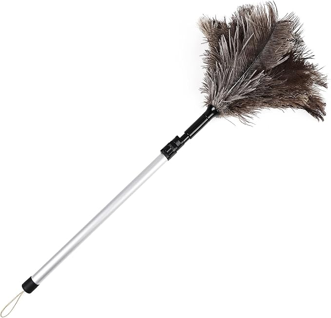 Extendable Ostrich Feather Duster 26-49 Inch, Natural Cleaning Duster with Aluminum Extension Pole Reusable for High Ceilings, Fans, Blinds, Furniture, Interior & Roof Dusting