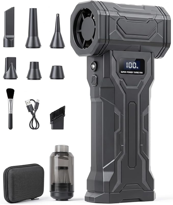 Compressed Air Duster, 2-in-1 Blow & Vacuum, 110,000 RPM Electric Air Duster with 7 Nozzles, Rechargeable Air Blower with LED Light for PC, Keyboard, Electronics, Car Cleaning, USB-C