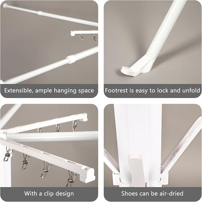 Foldable Four-Legged Clothes Drying Rack Extendable with 16 Clips | Collapsible Laundry Space-Saving Portable Clothing Rack for Indoor Balcony Camping Outdoor Use