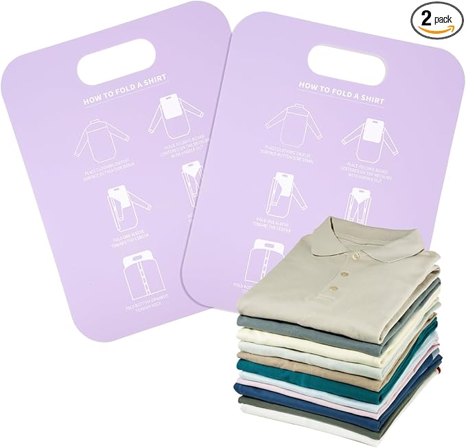 Garneck 2 Pack Shirt Folding Board: Clothes Folder Plate with Instructions for Use - Portable Adult Laundry Organizer for T Shirts Collared Dress Blouses, Travel Home Closet Storage, PP Purple