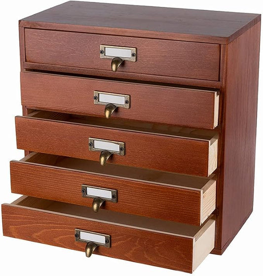 GoooodGift Wooden Drawers Small Wooden Box with Drawer, Brown | 5 Drawer Wood Storage Box , Vintage Desktop Organizer with Drawers, Desk Organizers for Library Card Catalog Cabinet