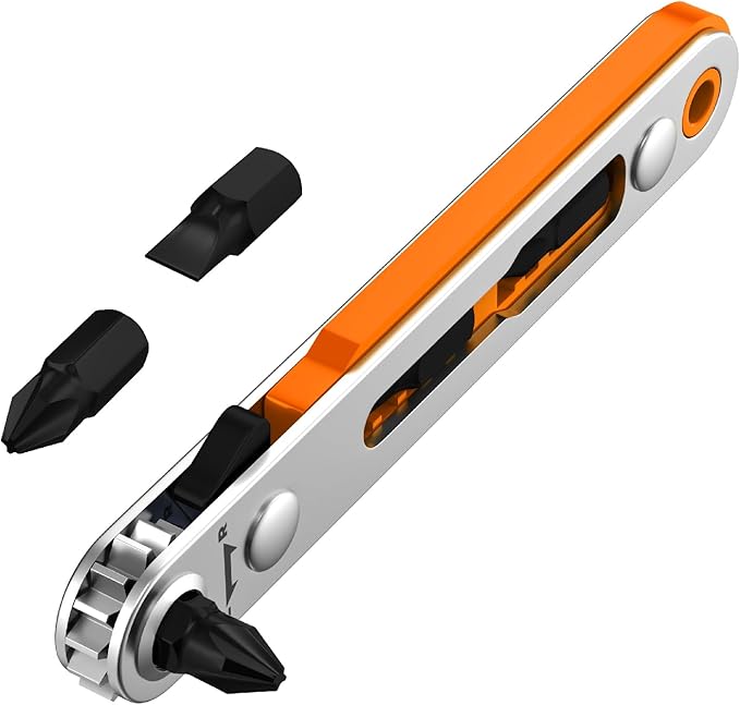 Bates- Mini Ratchet Wrench, 1/4" Magnetic 90 Degree Screwdriver, Orange, Low Profile Right Angle Screwdriver for Tight Spaces