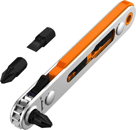 Bates- Mini Ratchet Wrench, 1/4" Magnetic 90 Degree Screwdriver, Orange, Low Profile Right Angle Screwdriver for Tight Spaces