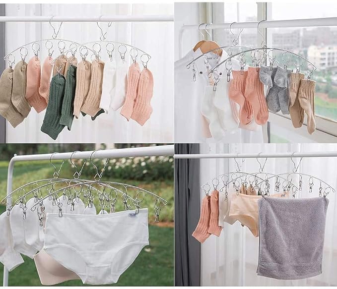 6 Pack Laundry Drying Hanger Rack, Stainless Steel Sock Underwear Peg Hanger with 10 Pegs Windproof Hokk