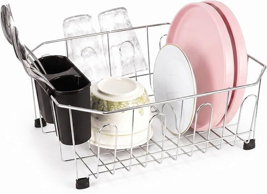 Small in Sink Dish Drying Rack - Stainless Steel Compact Inside Sink Dish Drainer for RV Kitchen Apartment Sink, Rust Resistant Kitchen Organizer for Plates, Bowls in Sink, 11.6" W x 13.4" L, Silver