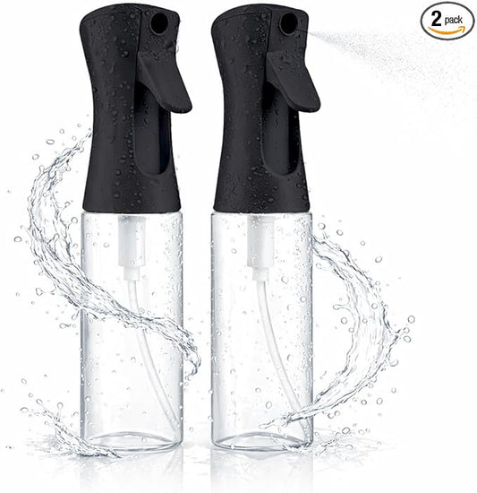 2 Pack Spray Bottles for Hair - Continuous Water Mister Spray Bottles with Ultra Fine Mist Spray for Hairstyling, Barbers, Salons, Skin Care, Cleaning, Plants, Pets (Ebony, 10.1 oz)