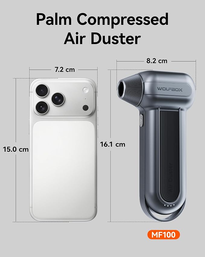 WOLFBOX MF100 Compressed Air Duster, 150000RPM Turbo Fan, 45 m/s Airflow | 3-Gear Adjustable Speed, Type-C Fast Charging, Lightweight 0.66 lb, 5 Nozzles & 2 Brushes, For Computer Keyboard Car Outdoor