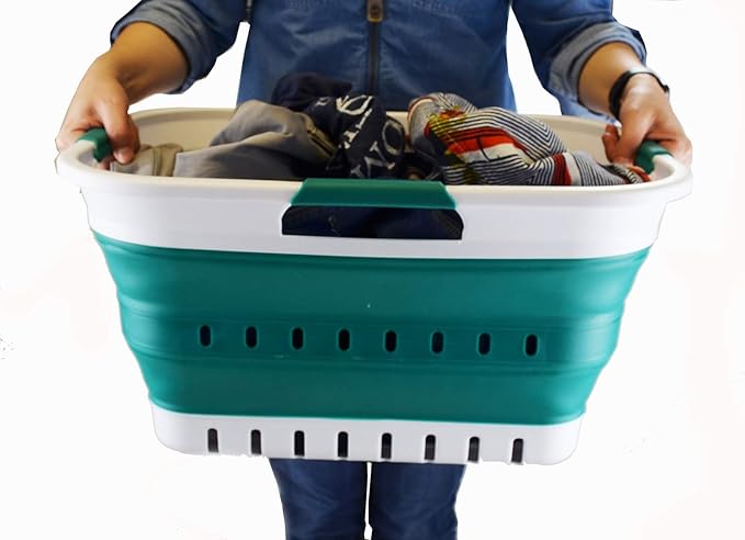 SAMMART Set of 2-30L (8 gallon) Collapsible Plastic Laundry Basket - Foldable Pop Up Storage Container/Organizer - Space Saving Hamper/Basket (2, White/Dark Green)