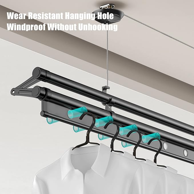 Ceiling Mounted Clothes Drying Rack, Indoor Balcony Lifting Aluminum Alloy Pulley Single Rod Clothes Rack, Hand-Held Vertical Folding Laundry Drying Rod(1.5M(59in), Black)