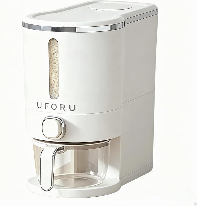 UFORU Rice Dispenser, Rice Storage Container with Measuring Cup for Kitchen Pantry Household, Dry Food Storage Containers Airtight, Sealed Moisture Proof (White 13Lbs)