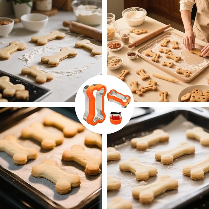Dog Bone Shape Cookie Cutter Set, 3 Pieces - Large 4.45'' Small 2.95'' Mini 1.53'', Stainless Steel Dog Treats Cutters Biscuit Molds with Plastic Cover