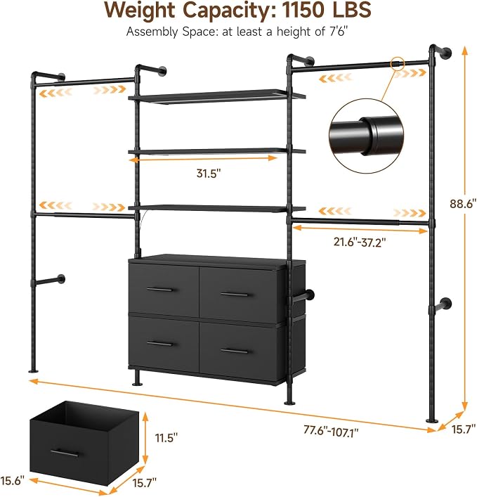 T3 Closet System with Stepless Dimmable LED Light, Industrial Pipe Clothing Rack with 4 Drawers, 6 Wooden Shelves & 4 Telescopic Rods, Heavy Duty Closet Organizers in Wardrobe Closet (Black)