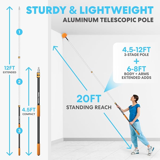 Simpli-Magic 20 Foot High Ceiling Duster Kit with 5-12ft Heavy Duty Extension Pole,High Reach Duster for Cleaning,Microfiber Feather Duster,Cobweb & Ceiling Fan Duster,Window Squeegee & Cleaner,Orange