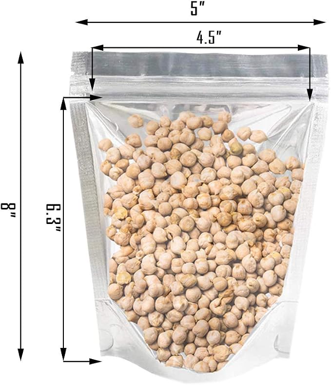 200 Pack 5x8 Mylar Bags with Window Stand Up Bgas 7.5mil Thick for Food Storage and Resealable for Small Business Packaging Bag | 7.5 Mil Thick, Food Storage, Resealable Closure, Small Business Packaging, Upright Base, Viewing Panel