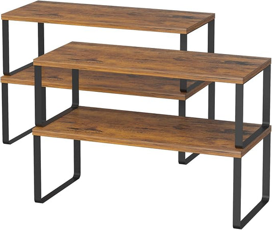 NEX Kitchen Cabinet and Counter Shelf Organizer, Stackable & Expandable, Set of 4, Black and Rustic Brown - 7.7 x 15.6 x 6.2''