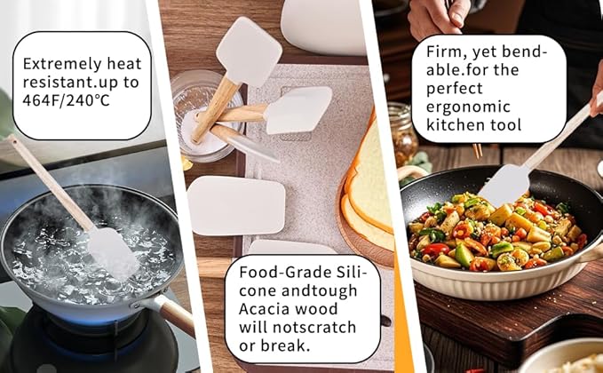 Ptanexx 5-Pcs Wooden Handle Silicone Spatula Set - Heat Resistant up to 428°F.Baking Spatulas for Batter Mixing, Cooking, Jar Scraping, Frosting & More | BPA FREE Gadgets for Non-Stick Cookware