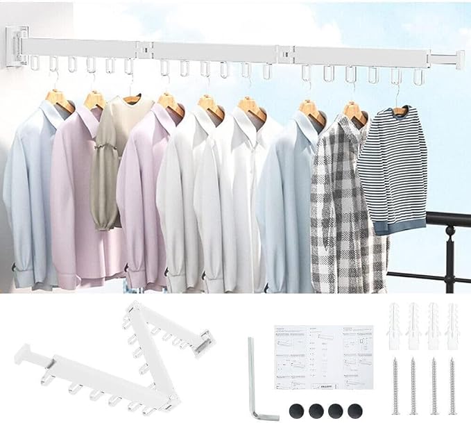 HYGRAD BUILT TO SURVIVE Clothes Drying Rack Wall Mounted Clothes Drying Airer Rack, Retractable Fold Away Laundry Drying Rack Outdoor & Indoor Neat Formal Drying Rack (Three Rod - 114cm Long (WHITE))
