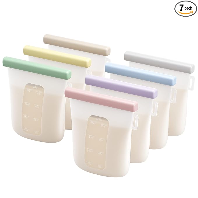 Nuliie 7 Pcs Silicone Breastmilk Storage Bags Reusable, 8oz/240ml Double Leak-Proof Breastmilk Freezer Bags, BPA Free Self-Standing Milk Bags for Breastfeeding, Baby Food Pouches