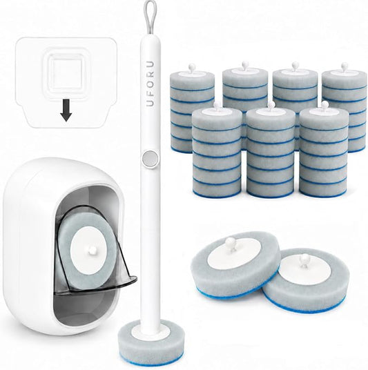UFORU Disposable Toilet Brush with 42 Refill Heads, Toilet Wand Kit and Toilet Bowl Cleaner Brush, Wall Mounted Holder Set for Bathroom Cleaning