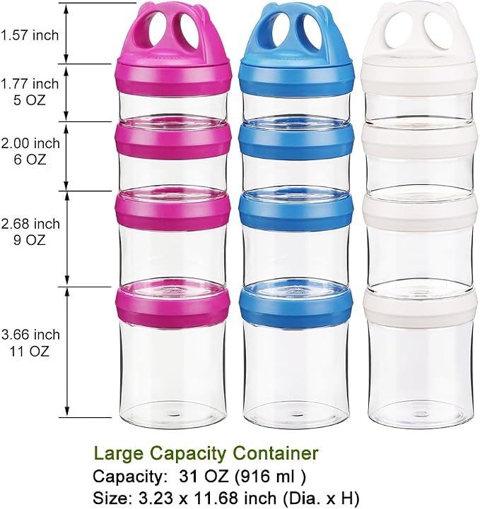 BeneLabel Stackable Food Storage Containers with Twist Lock System - BPA-Free Tritan Containers for Travel, Formula, Protein Powder, Snacks - Leakproof & Dishwasher Safe (Red&Blue&White, 31oz per)