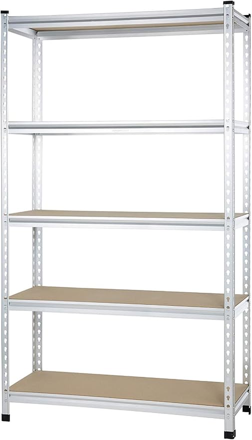 Amazon Basics 5-Tier Medium Duty Storage Shelving, Garage Storage Rack, Double Post Press Board Shelf, Adjustable, Easy Assembly, Space-Saving, Aluminum, 48" x 18" x 72"