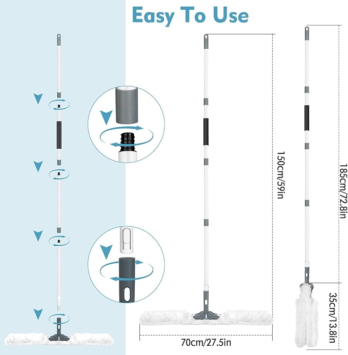 Microfiber Ceiling Fan Cleaner Duster with Extension Pole 59" | 360° Adjustable Head/ Washable/27.5 inch Wide Long Duster for Cleaning Ceiling Fan/High Ceiling/Wall/Blinds/Furniture/White