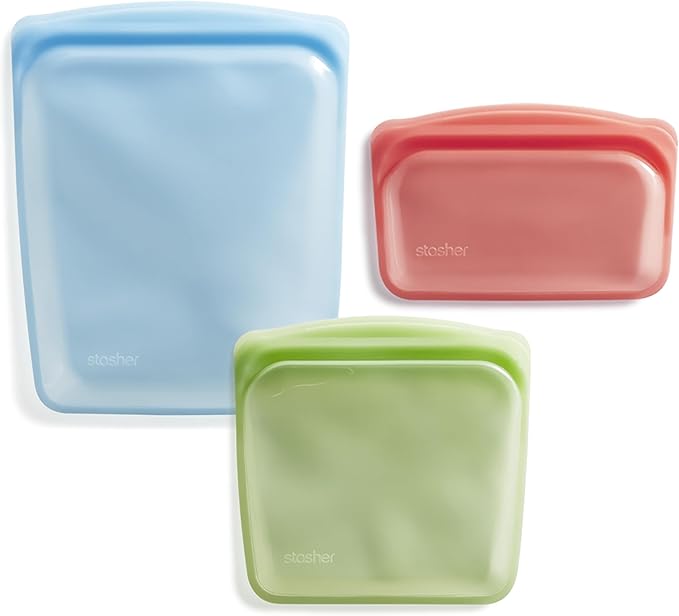 Stasher Silicone Reusable Storage Bags, 3-Pack, Reusable Freezer Bags, Microwave, Dishwasher, Oven Safe, Sous Vide, Premium Lunch Containers, Eco Friendly, Food Storage Bags, Snack Bags, Multicolor