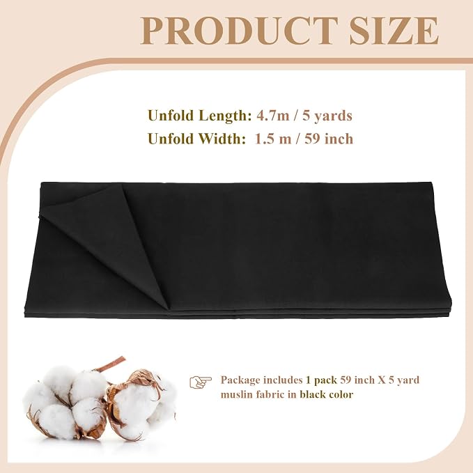 100% Cotton Muslin Fabric, 59 Inch X 5 Yards Black Fabric by The Yard | Medium Weight, Easy Care, Fabric for Sewing Embroidery , Garments, Crafts Material, Apparel Cloth