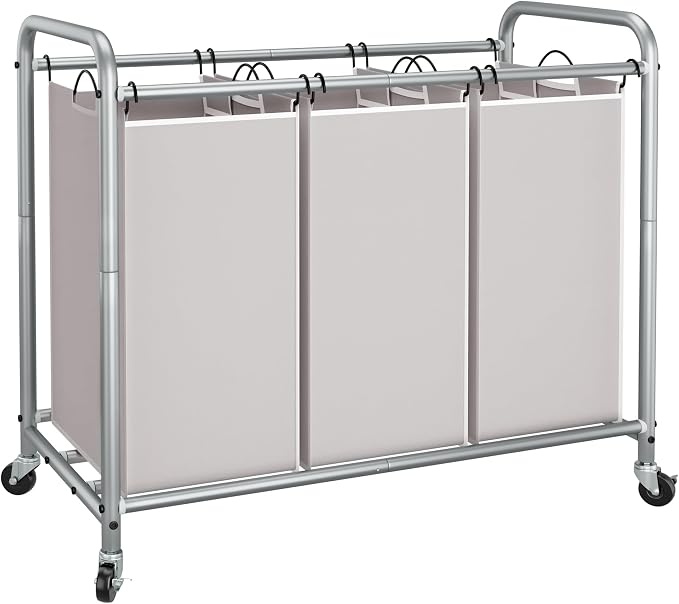 STORAGE MANIAC 3 Section Laundry Sorter, 35.6 Gal (135 L) Laundry Hamper Cart with Heavy Duty Rolling Lockable Wheels and Removable Bags, Clothes Organizer Basket Separator Hamper, Gray