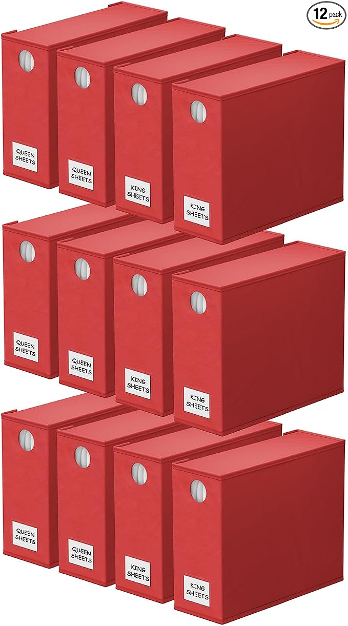 SpaceAid 12 Pack Bed Sheet Organizers and Storage, Foldable Organizer for Linen Closet, Set Folder Keeper With Window XL (Queen & King Size) Bedding Container (Red)