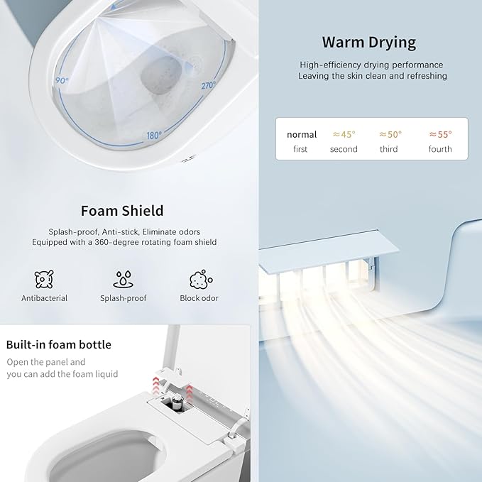 BONSAM Smart Toilet with Auto Open/Close Lid, Modern Toilet with Bidet Built In, Foam Shield, Auto Flush, Warm Water&Dryer, Self-Cleaning Heated Seat Toilet with Remote Control for Seniors & Families.