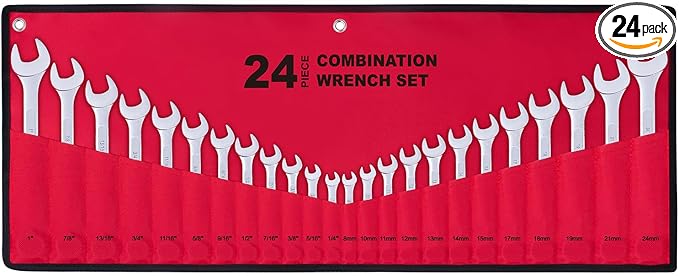 24-Piece All-Purpose Master Combination Wrench Set with Roll-up Pouch | SAE 1/4” to 1”, Metric 8mm to 24mm | Perfect for General Household, Garage, Auto Repairs, Car, Truck, Boat, and Travel Emergency