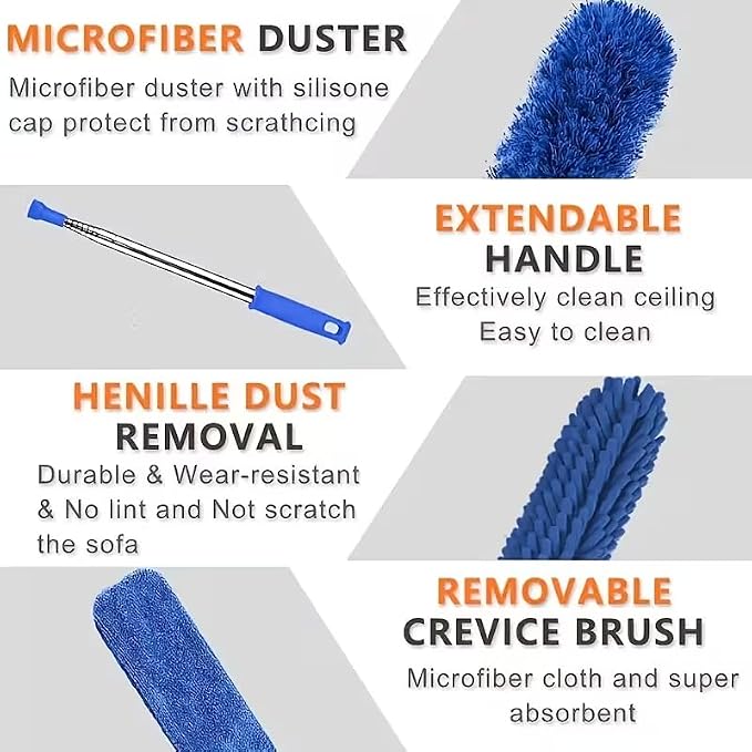 Microfiber Duster, 8PCS Feather Duster with 100 Inch Telescoping Extension Pole, Reusable Bendable Dusters, Washable Lightweight Dusters for High Ceiling, Fan, Blinds, Window, Corners, Blue