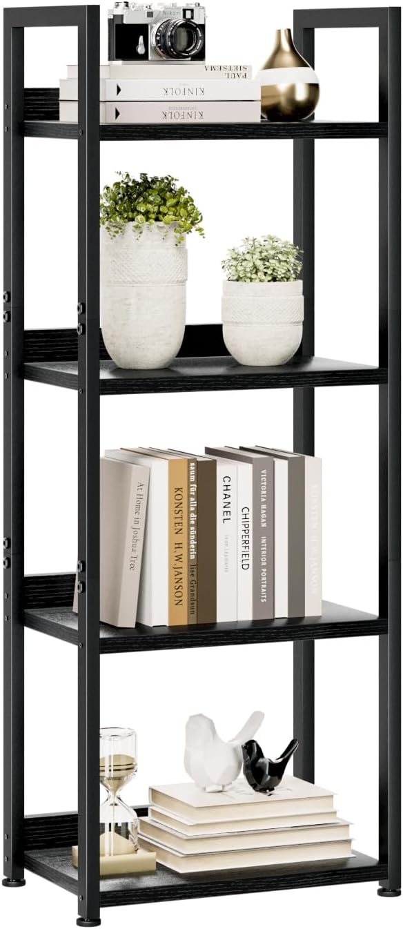 NUMENN Narrow Bookshelf, 4 Tier Freestanding Shelving Unit, Black | Small Book Shelf for Small Spaces, Metal Frame & Wood Shelves, Falling Prevention Baffle, Bookcase for Bedroom&Home Office