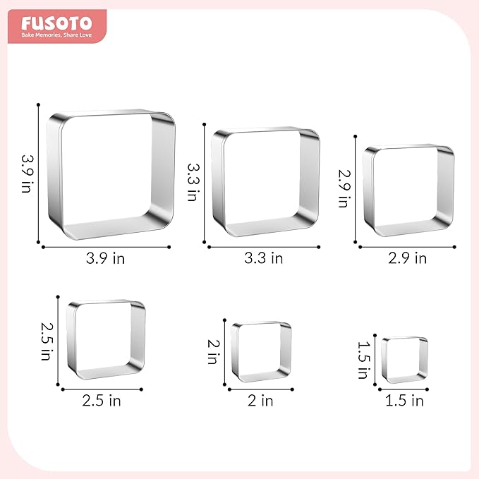 FUSOTO 6PCS Square Cookie Cutters Set, Stainless Steel Kitchen Baking Supplies, for Biscuit, Homemade Cookies, Cake Decorating, Geometric Cookie Cutter, (1.5", 2", 2.5", 3", 3.5", 4"), Square