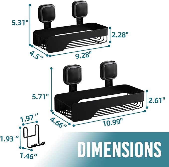 TAILI Shower Caddy Suction Cup Stainless Steel Rustproof Shower Shelves, No Drilling Wall Mounted Basket, Upgraded Removable Suction Cup Bathroom,Black 2pack